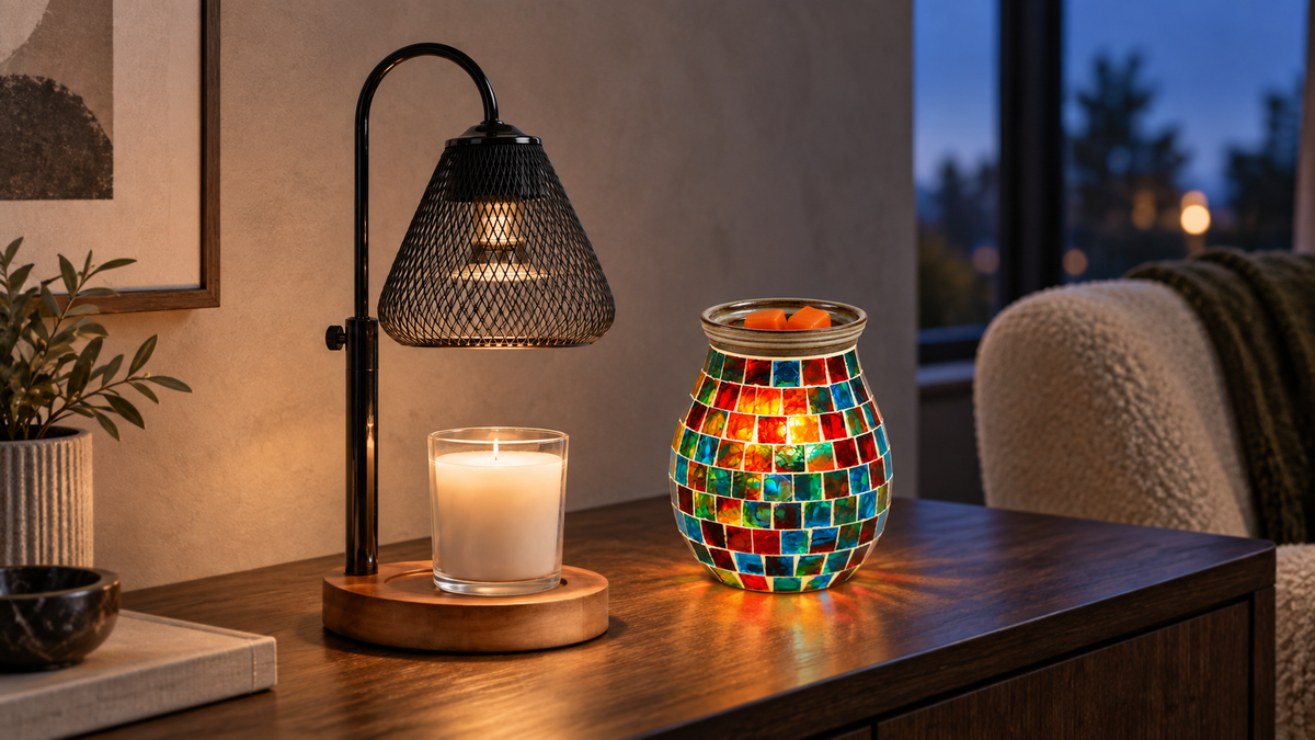 Candle warmer lamp and electric wax warmer in a warm home setting