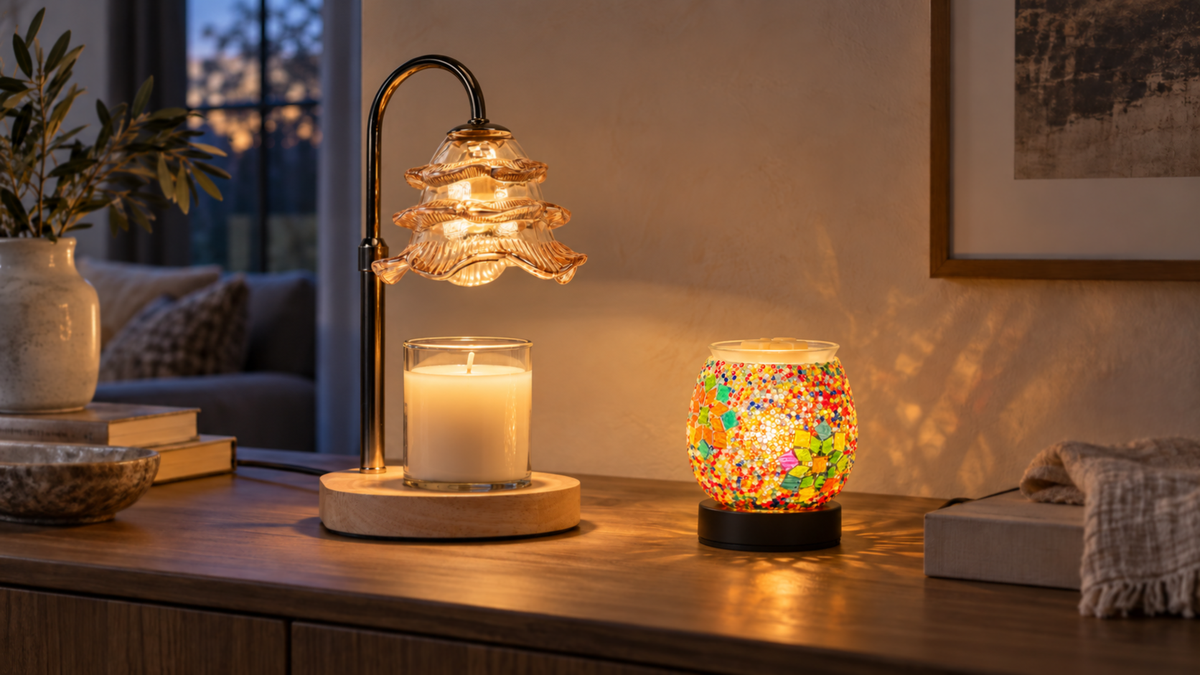 Candle warmer lamp and mosaic electric wax warmer glowing in a softly lit living room.