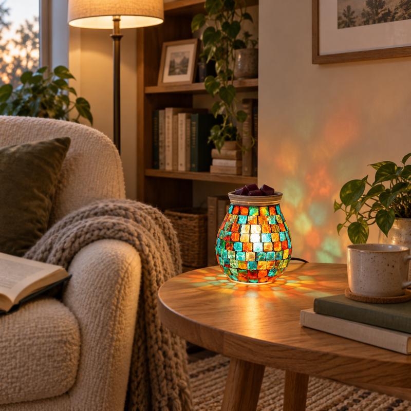 Mosaic wax warmer glowing on a side table beside an armchair, books and a warm drink.