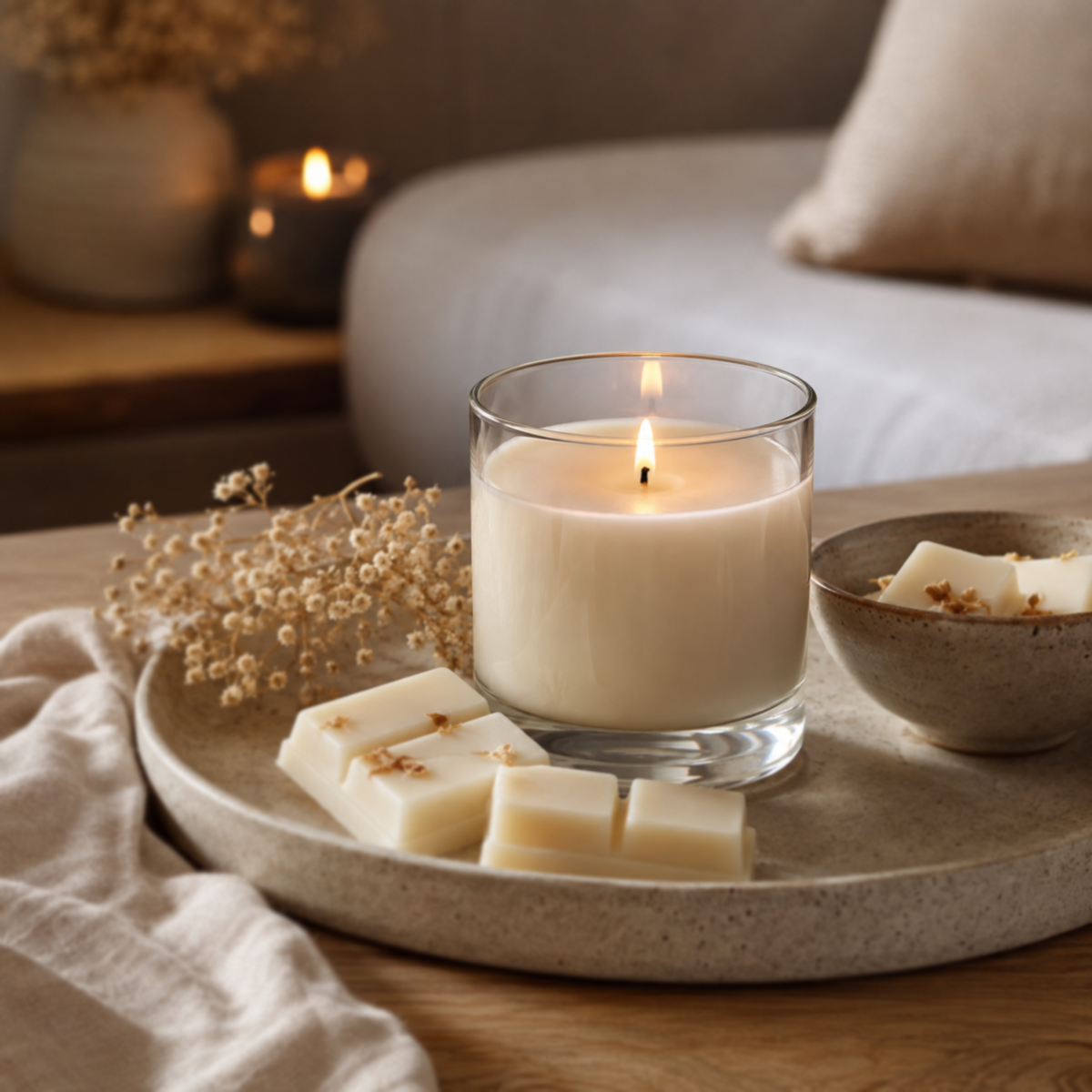 Home Fragrance collection featuring a lit scented candle, wax melts and dried flowers in a warm neutral setting.
