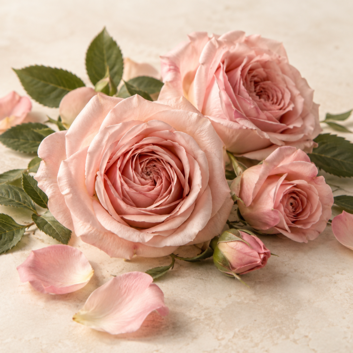 Blush pink roses, rosebuds and scattered petals on an ivory background