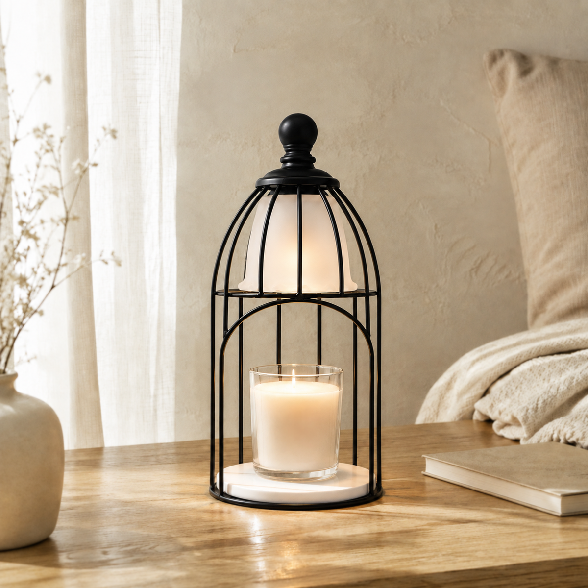 Birdcage candle warmer glowing over a white jar candle on a sunlit wooden table beside neutral bedding.