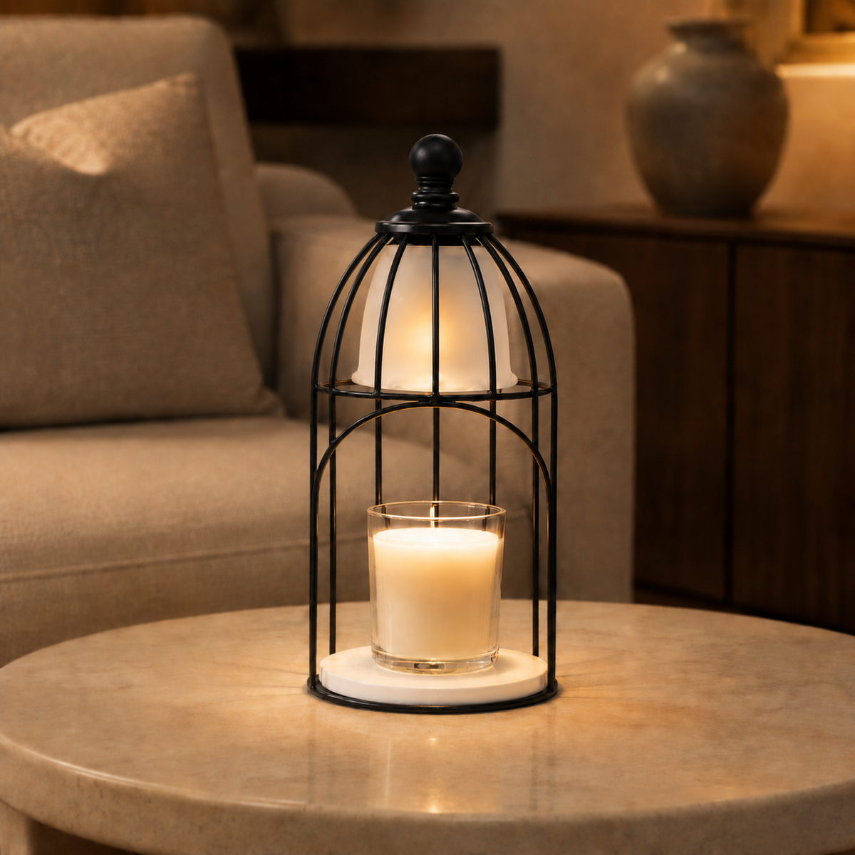 Vintage Birdcage candle warmer glowing over a jar candle on a round stone table in a warm evening interior.