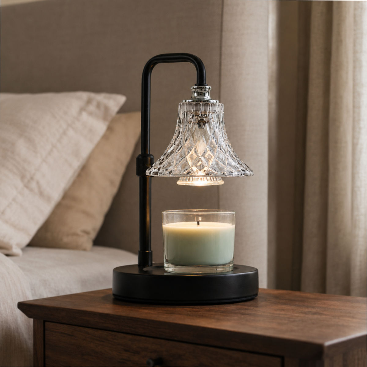 Vintage Diamond candle warmer glowing over a jar candle on a dark wooden bedside table.