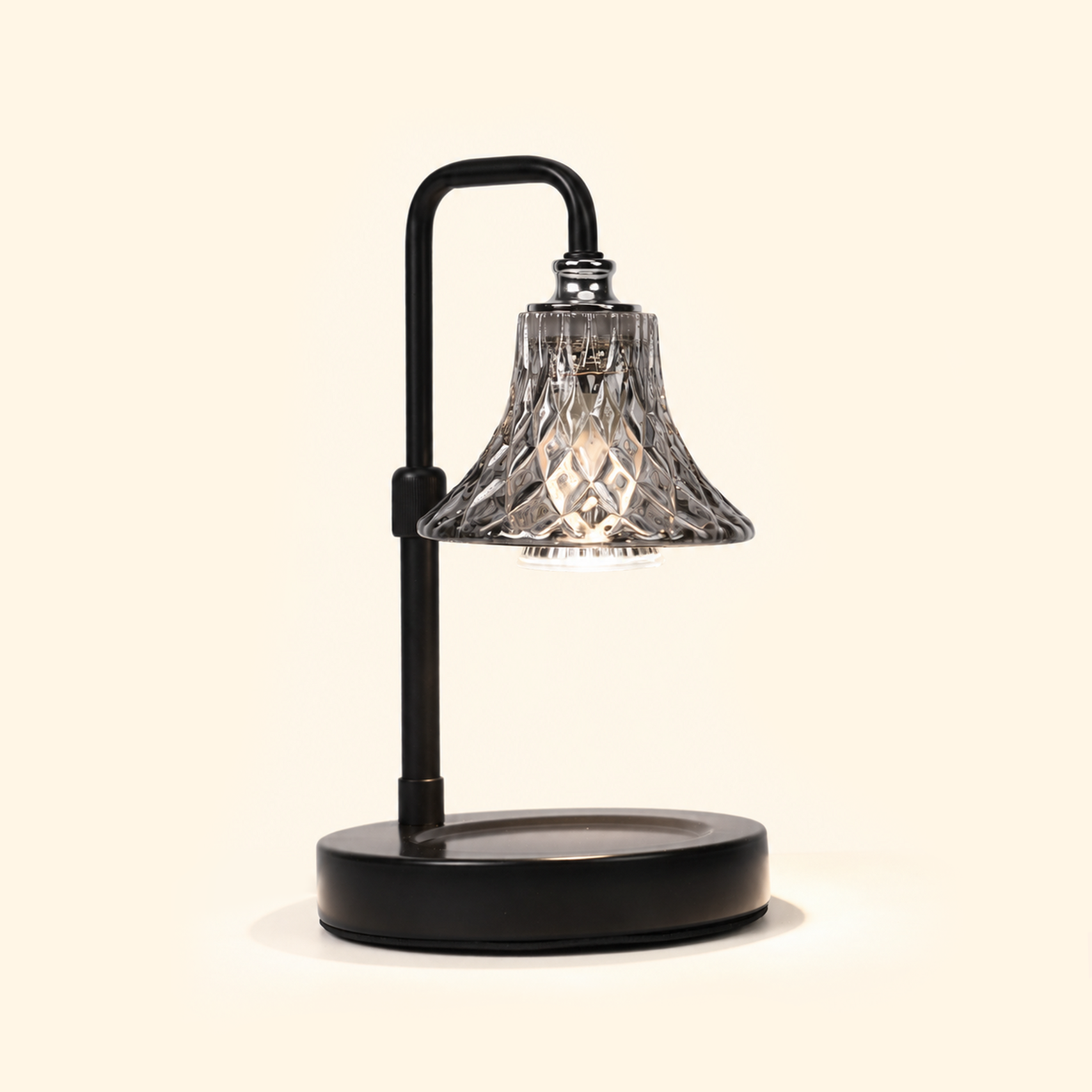 Vintage Diamond Glass Candle Warmer Lamp with faceted glass shade, black metal arm and black base, front view.