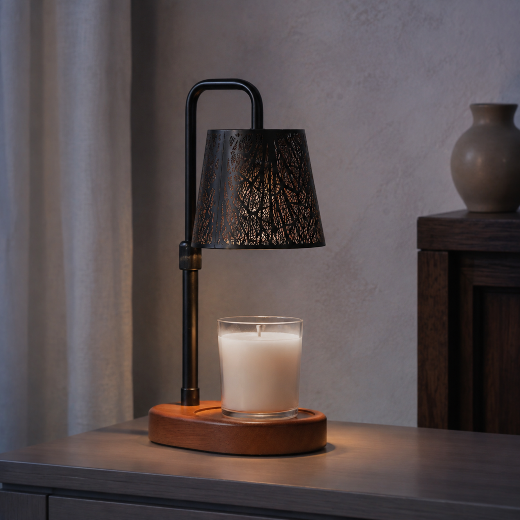 Black woodland candle warmer illuminated on a dark console with warm light visible through the tree cutouts.