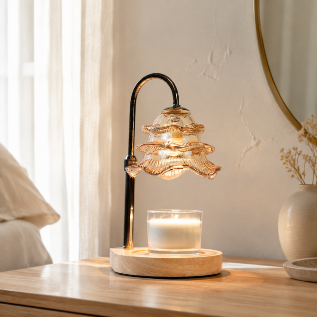 Champagne Blossom candle warmer glowing on a wooden bedside table beside a bed, round mirror and ceramic vase.