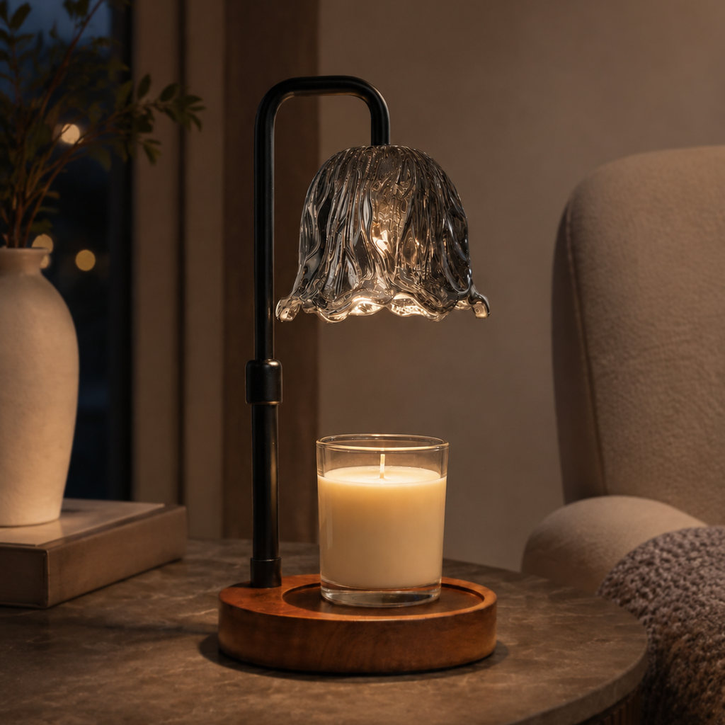 Flower-shaped glass candle warmer illuminated over a white jar candle in a warm evening interior.