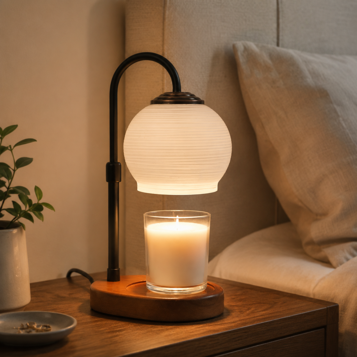 Spherical glass candle warmer illuminated on a bedroom nightstand beside neutral bedding and a small plant.