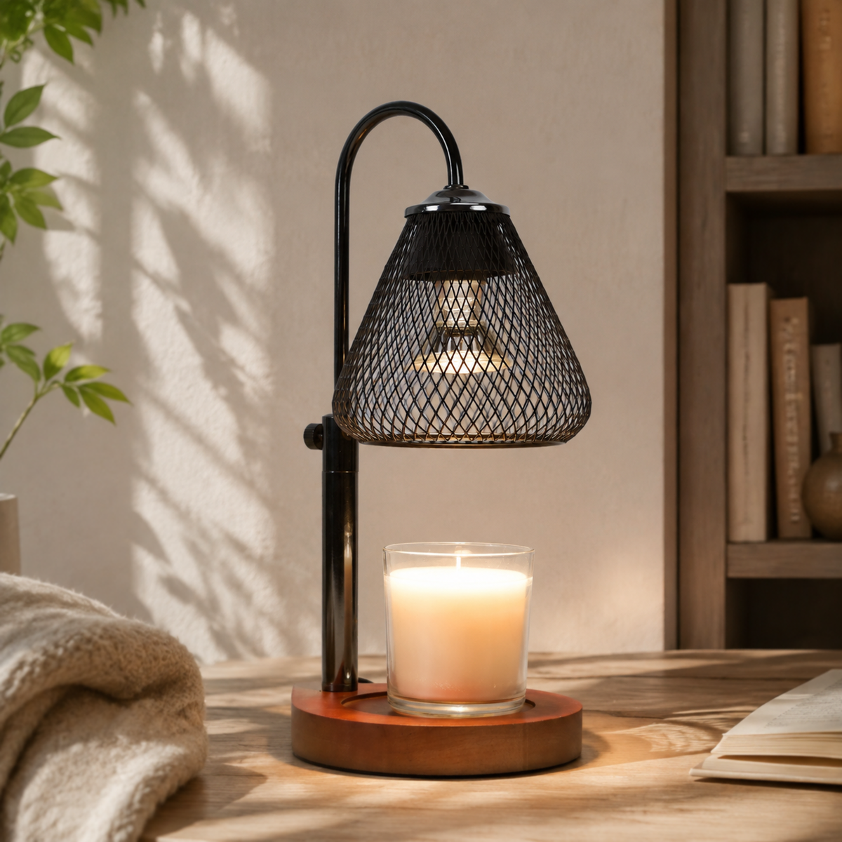 Bell-shaped candle warmer glowing over a jar candle on a sunlit wooden table with books and patterned shadows.