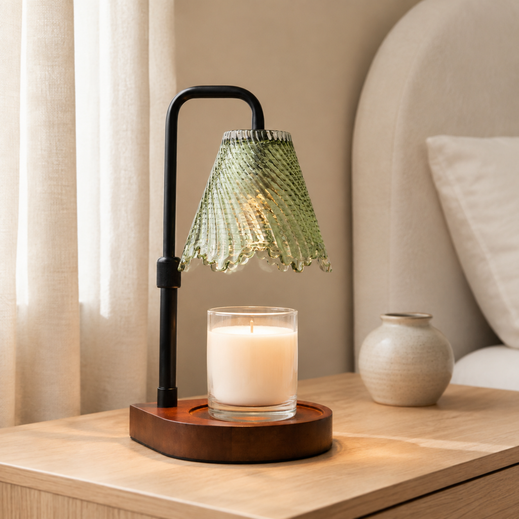 Sage Pleat candle warmer glowing over a white jar candle on a light wood bedside table.