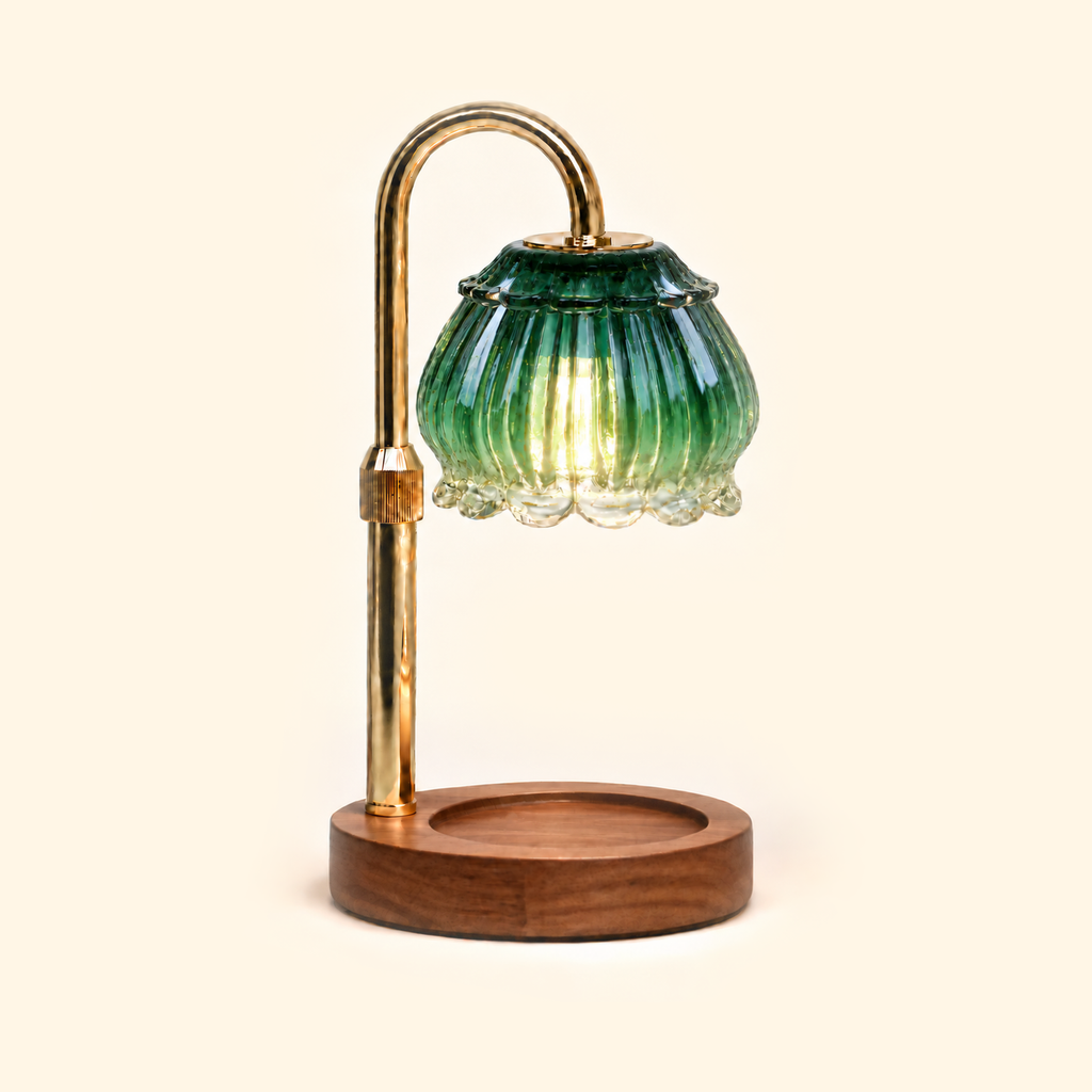 Emerald green fluted petal glass candle warmer lamp with walnut base and gold arm, without candle