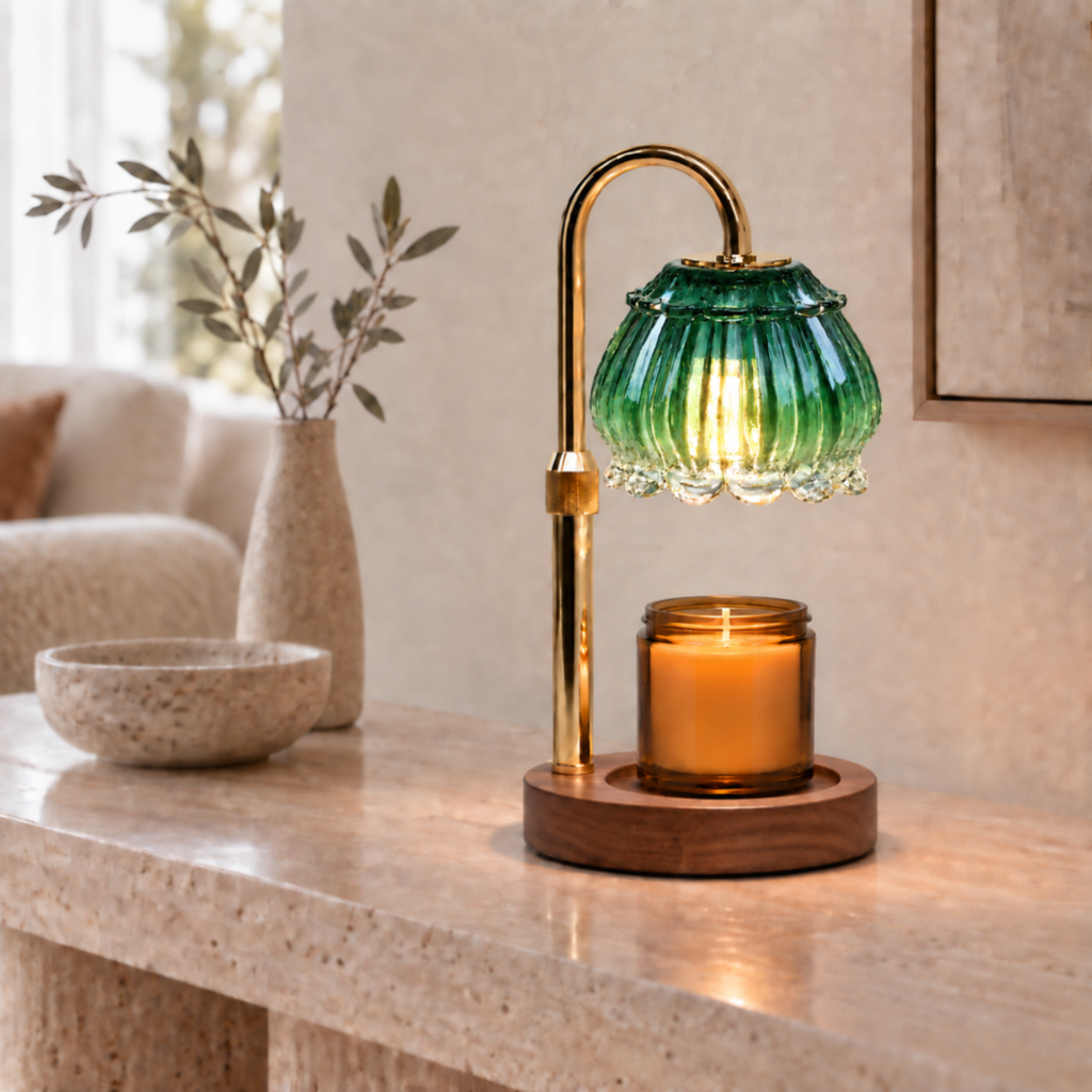Emerald green fluted glass candle warmer lamp styled on a neutral living room console