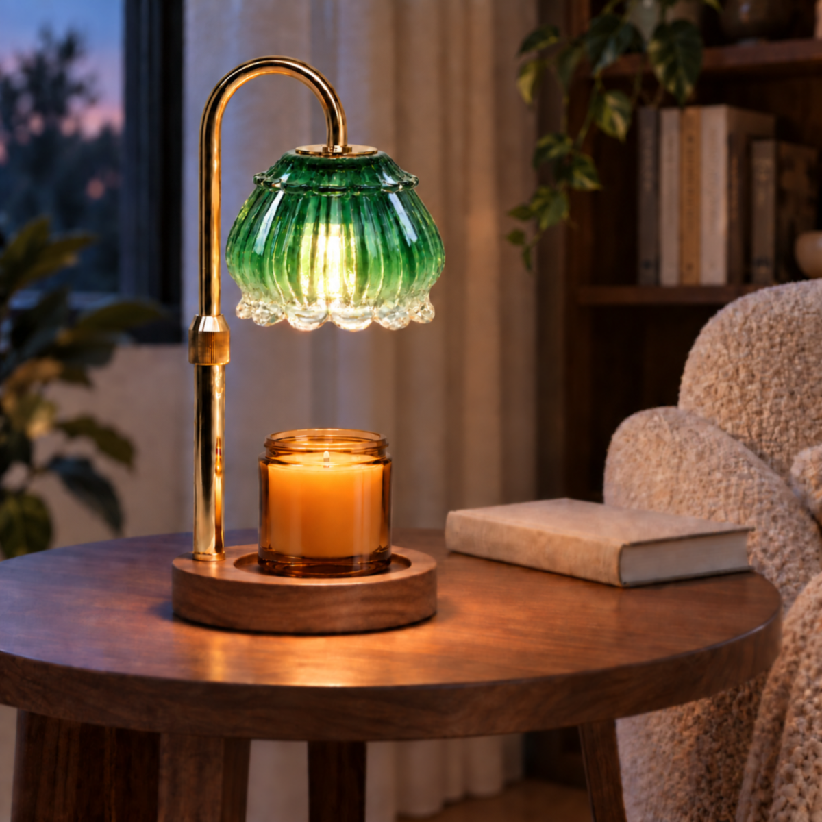 Emerald green candle warmer lamp warming an amber jar candle in a cozy reading corner