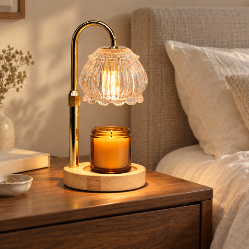 Clear fluted glass candle warmer lamp with natural wood base on a bedroom bedside table