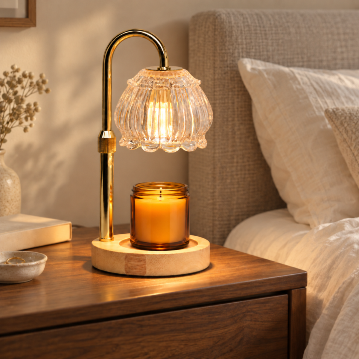 Clear fluted glass candle warmer lamp with natural wood base on a bedroom bedside table