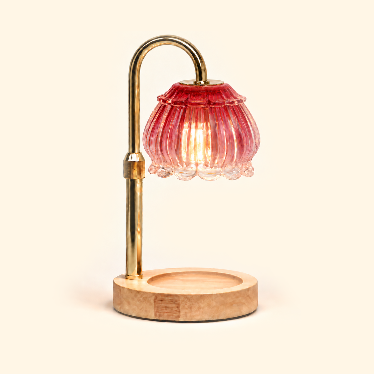 Ruby red fluted petal glass candle warmer lamp with natural wood base and gold arm, without candle