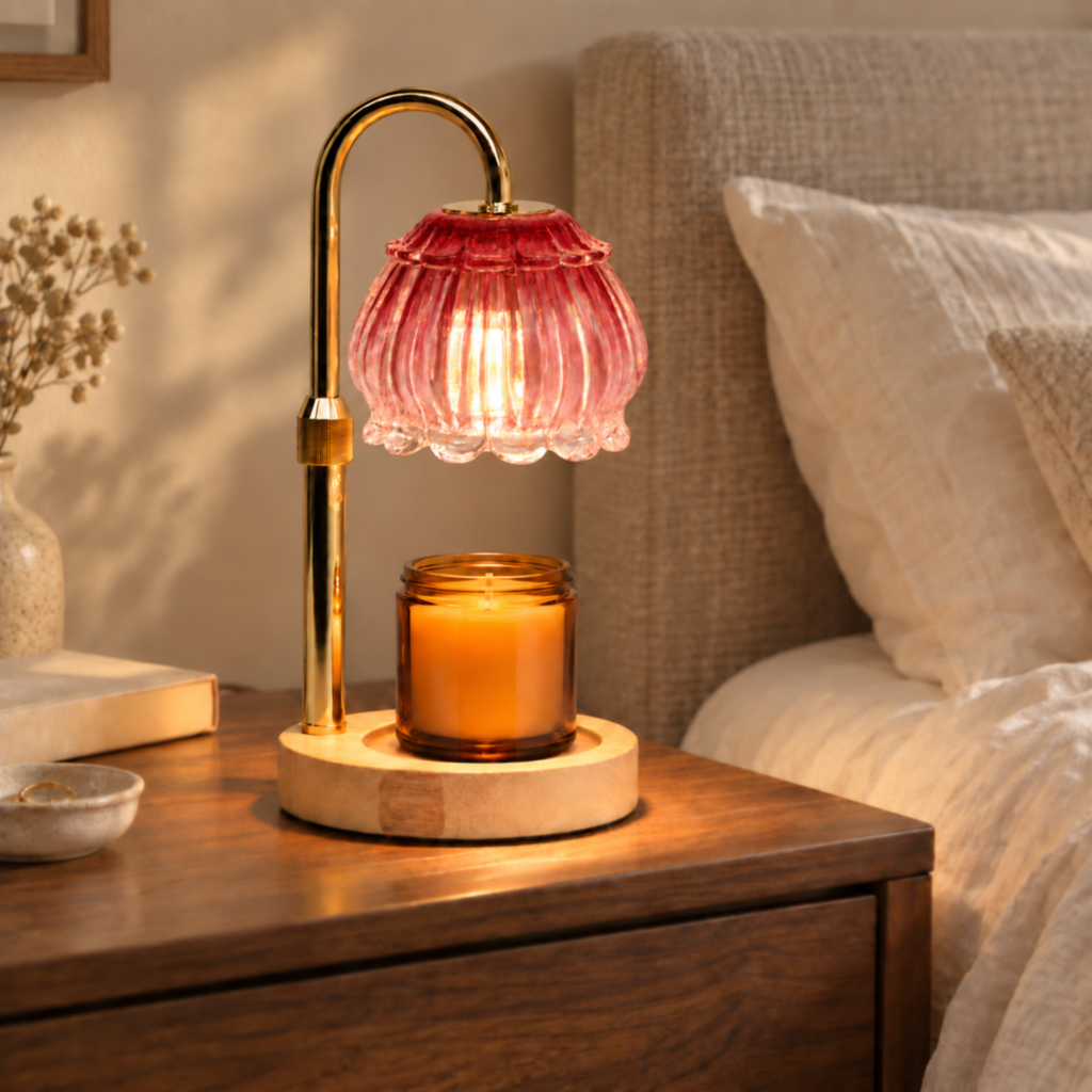 Ruby red fluted glass candle warmer lamp with gold arm on a warm neutral bedroom bedside table