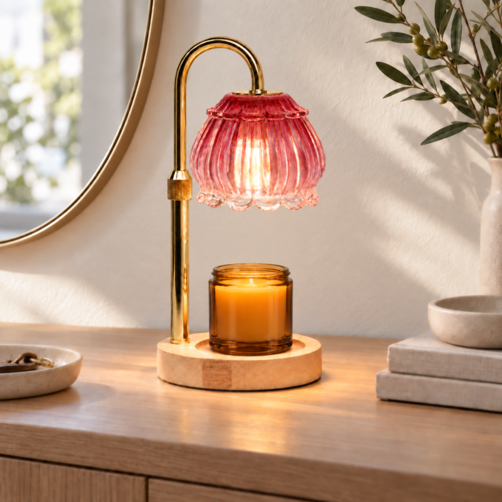 Ruby red glass candle warmer lamp with raised shade displayed on an entryway console