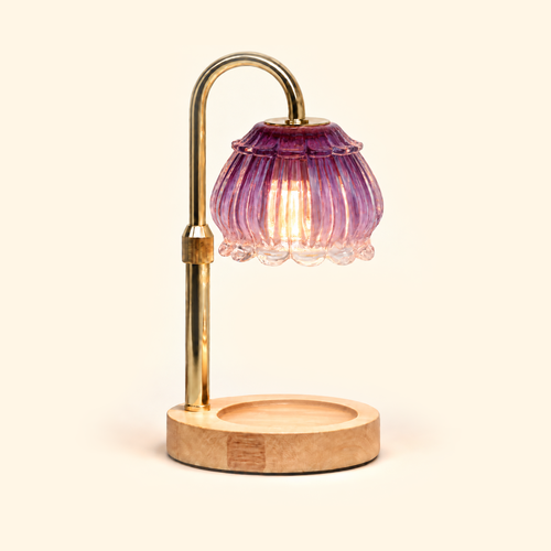 Amethyst purple fluted petal glass candle warmer lamp with natural wood base, without candle