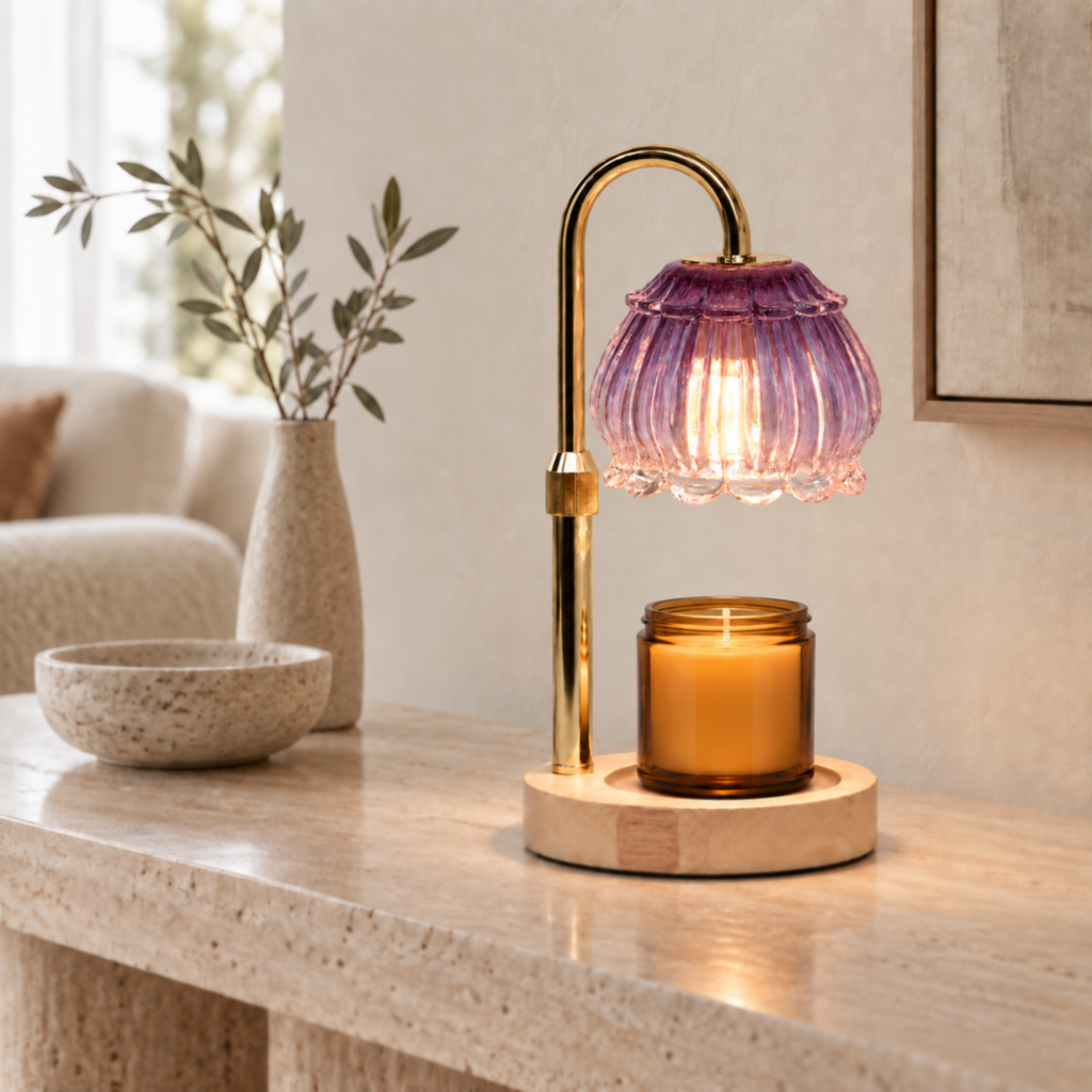 Amethyst purple fluted glass candle warmer lamp styled on a neutral living room console