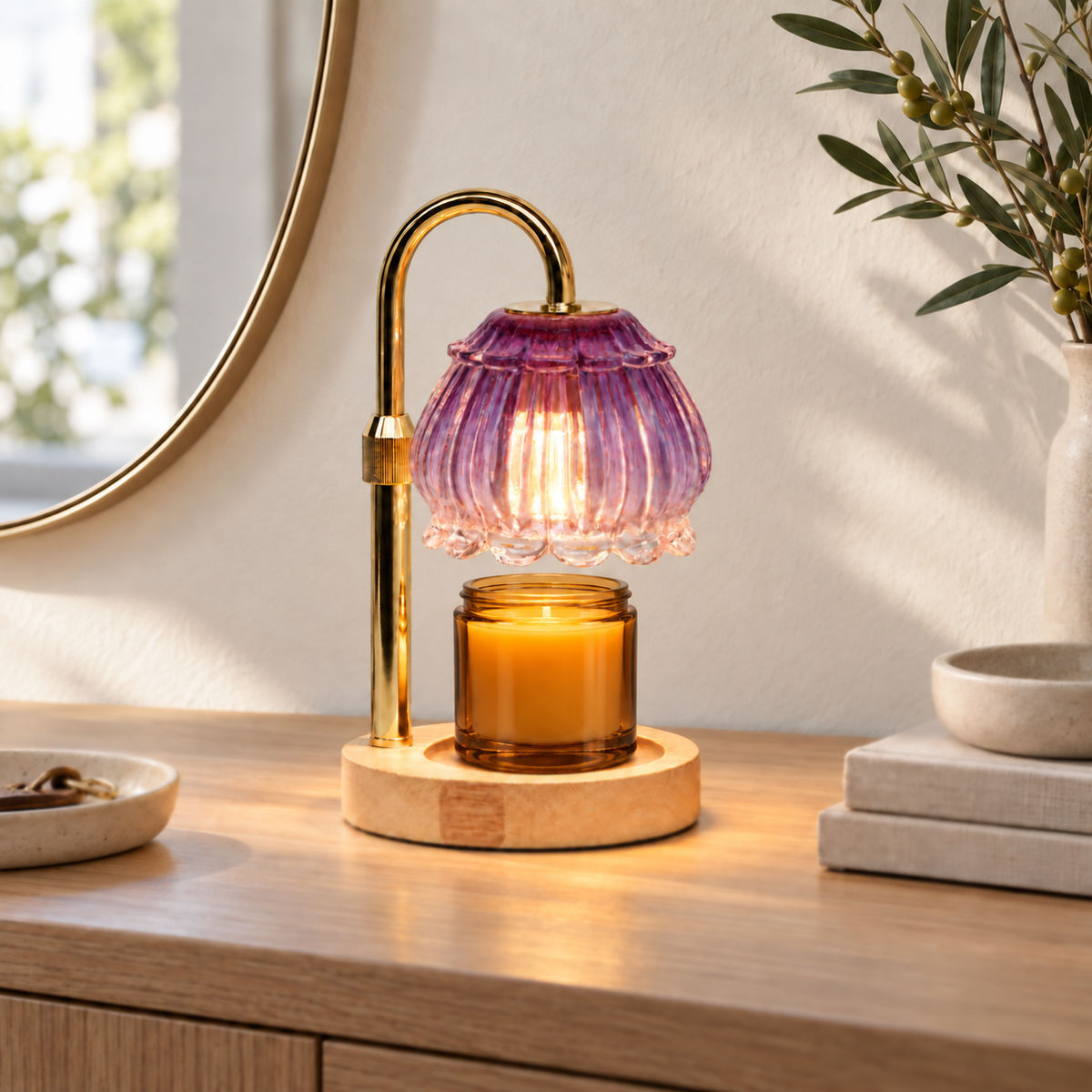 Amethyst purple candle warmer lamp with natural wood base displayed on an entryway console