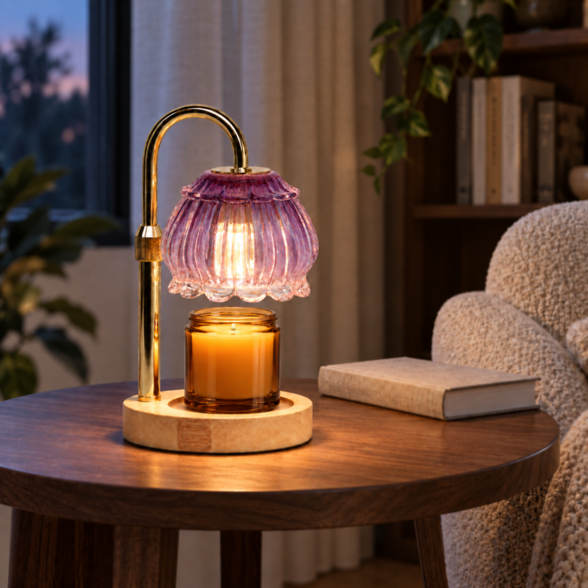 Amethyst purple glass candle warmer lamp warming a jar candle in a cozy reading corner