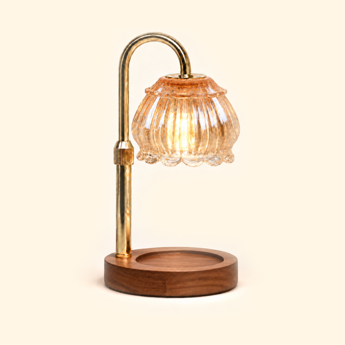 Champagne fluted petal glass candle warmer lamp with walnut base and gold arm, without candle