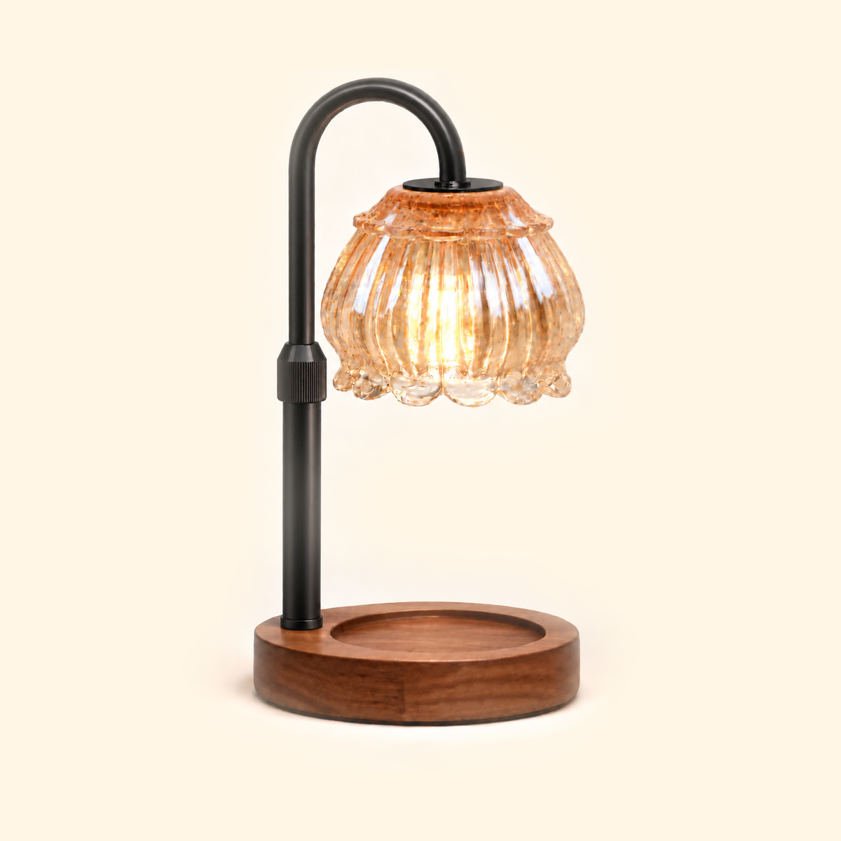 Champagne fluted petal glass candle warmer lamp with walnut base and black arm, without candle