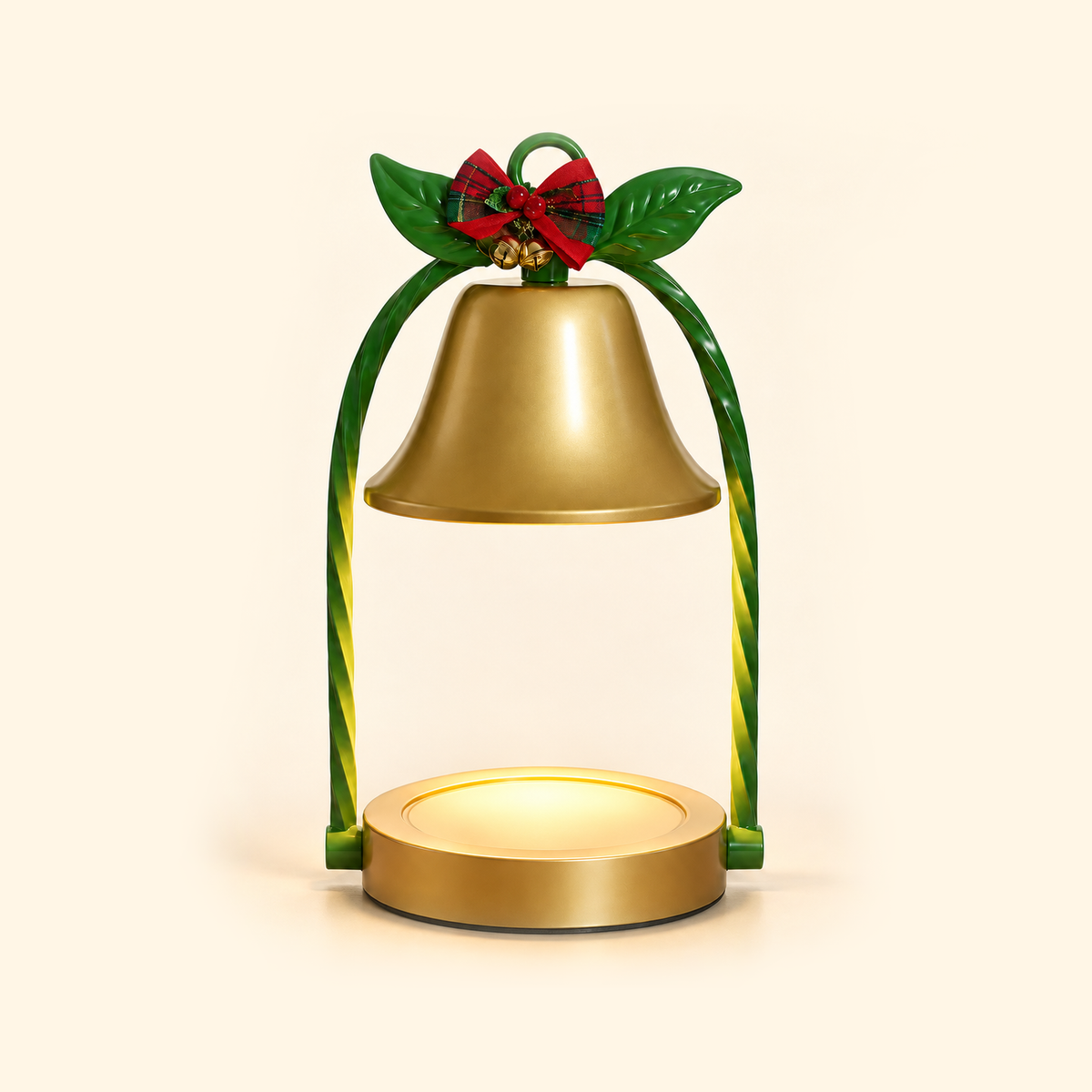 Gold bell-shaped candle warmer lamp with green holly leaves, a red plaid bow and an empty circular gold base on a cream background.
