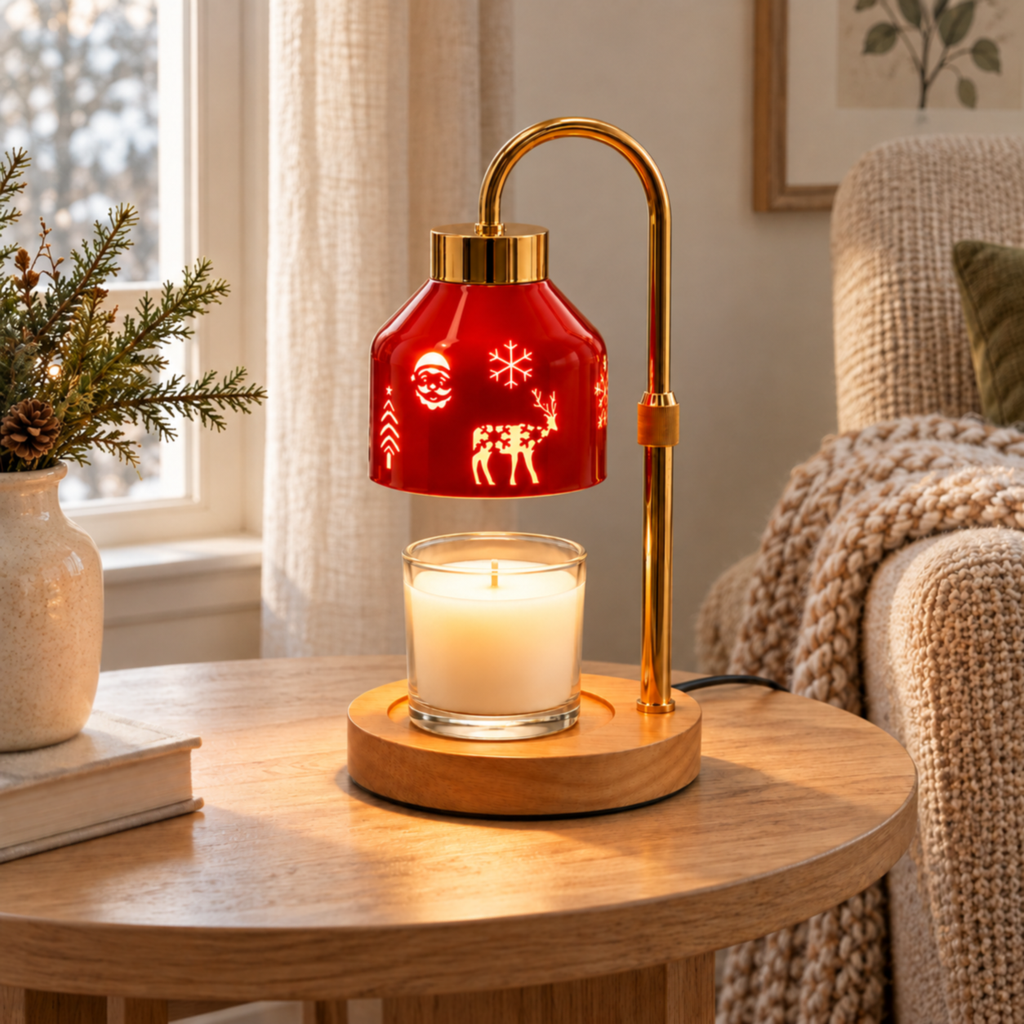 Red Christmas candle warmer lamp warming a clear glass jar candle on a round wooden side table beside a beige armchair.