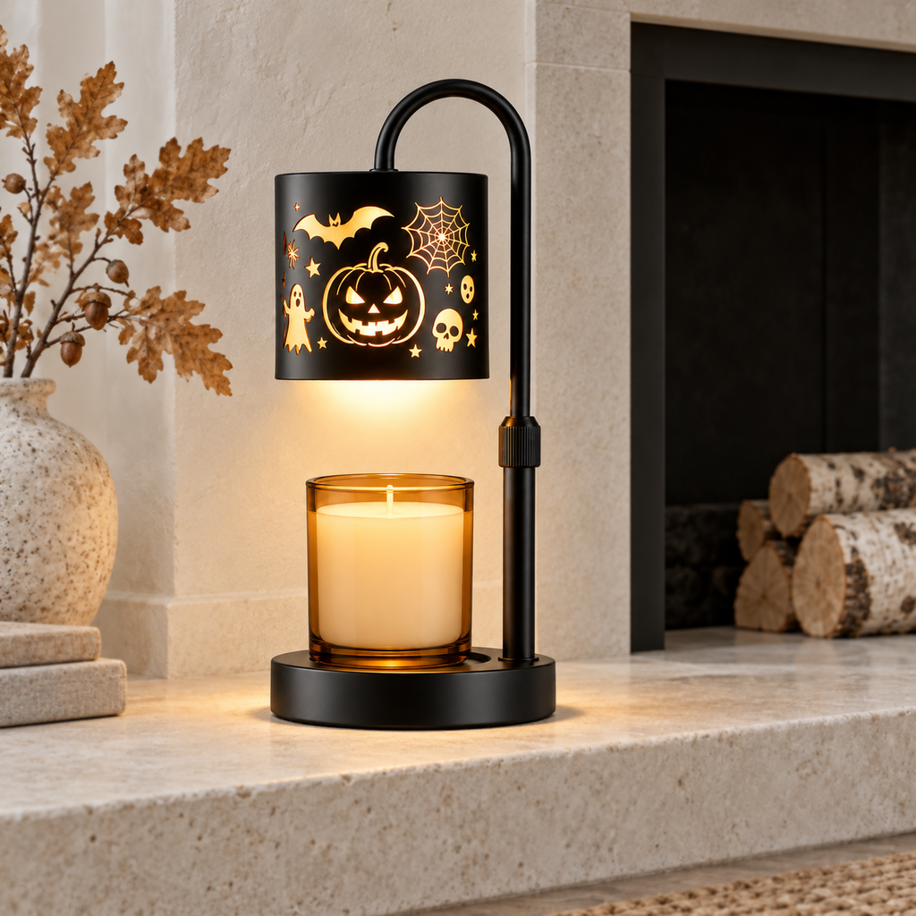 Jack-o'-lantern candle warmer lamp displayed on a pale limestone fireplace hearth
