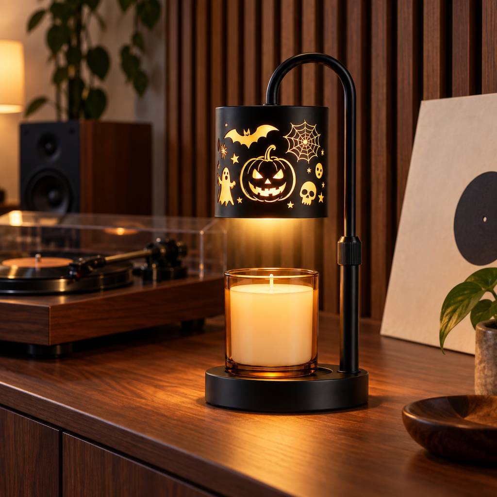 Jack-o'-lantern candle warmer lamp displayed beside a turntable in a home music room