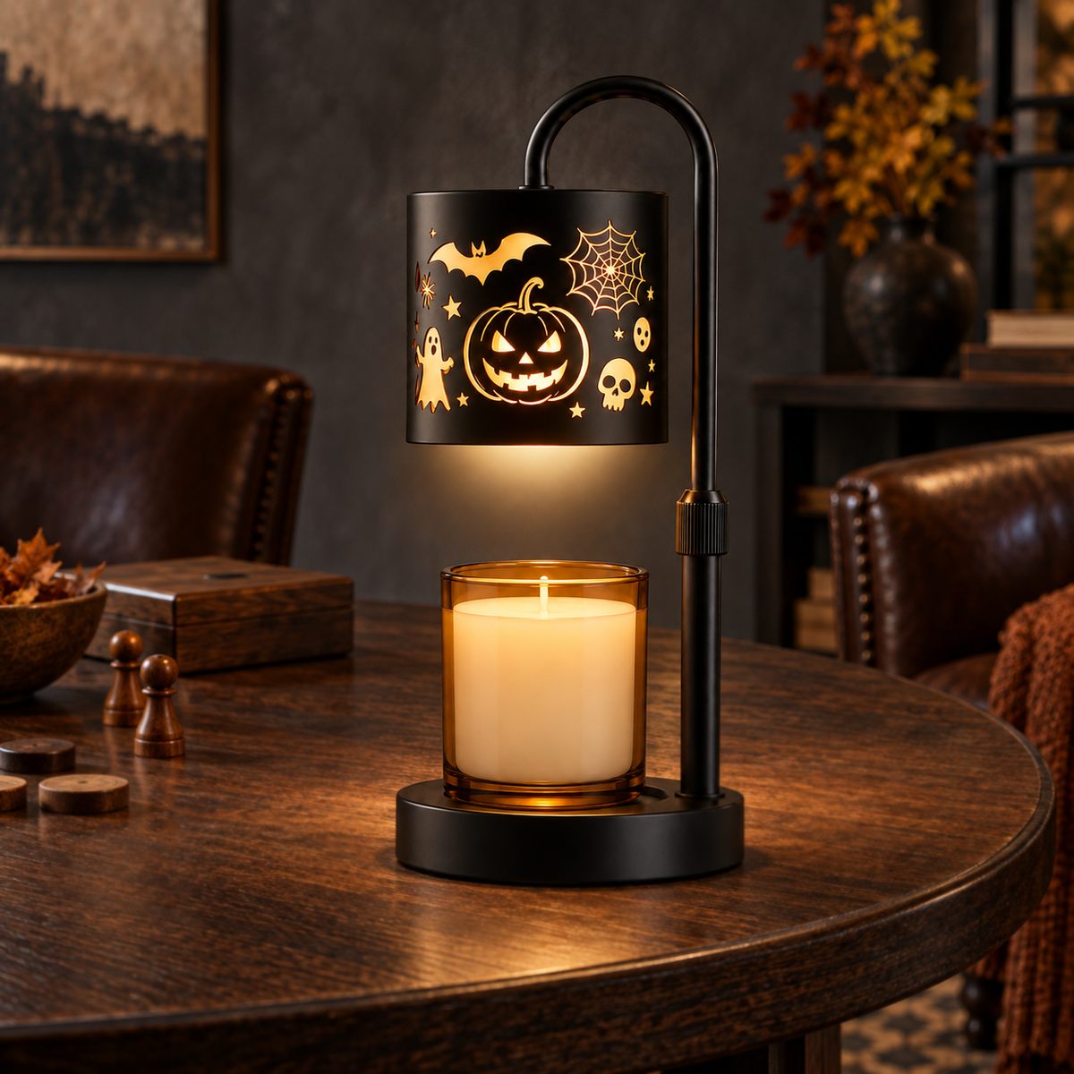 Jack-o'-lantern candle warmer lamp with amber candle on a dark oak game table
