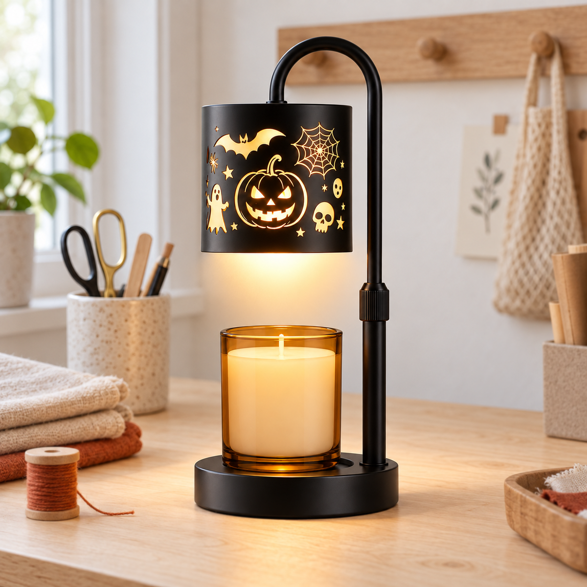 Jack-o'-lantern candle warmer lamp with amber candle on a home craft table