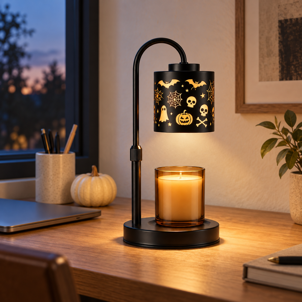Halloween icon candle warmer lamp with amber jar candle on a home office desk at dusk