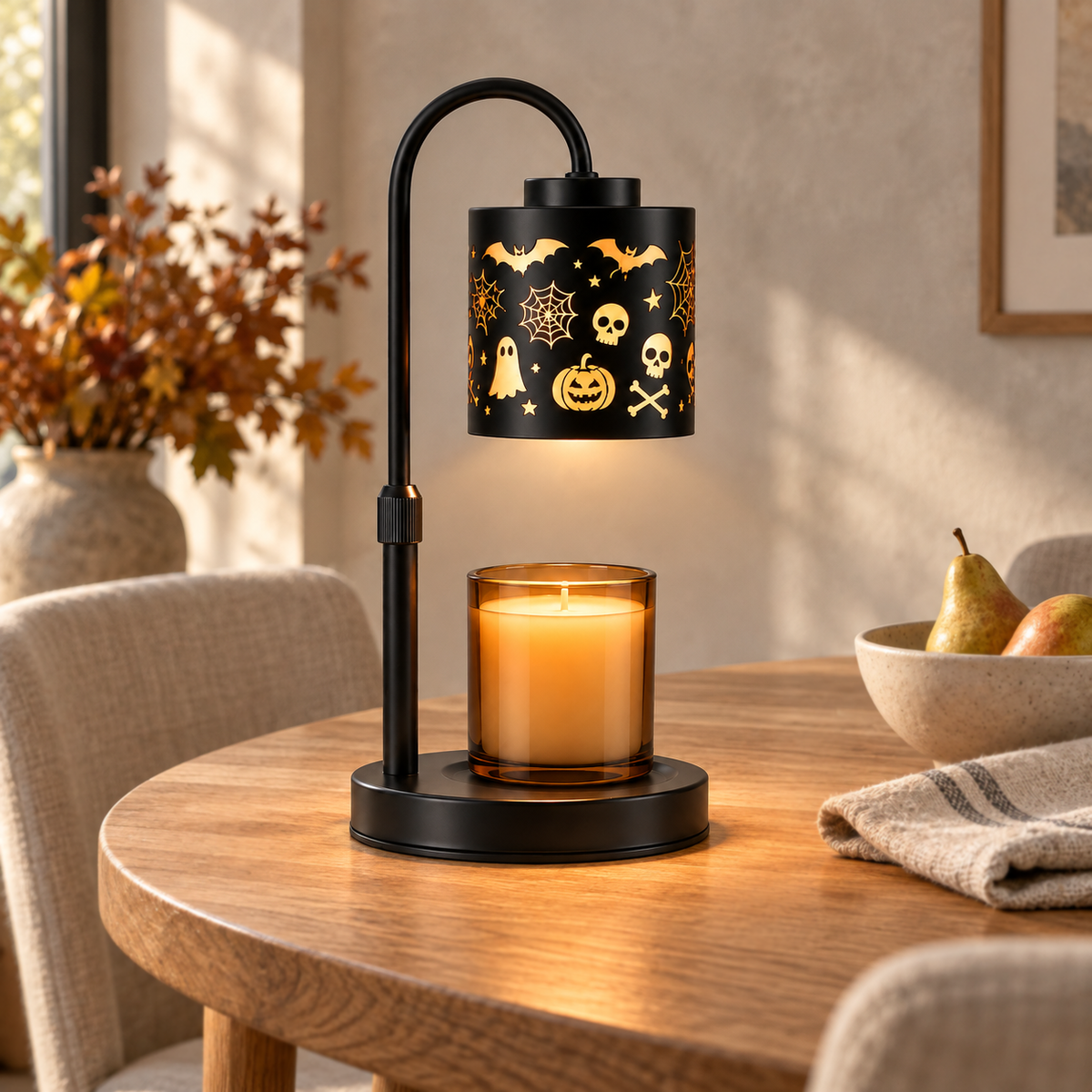 Halloween icon candle warmer lamp displayed on a wood table in a bright sunroom