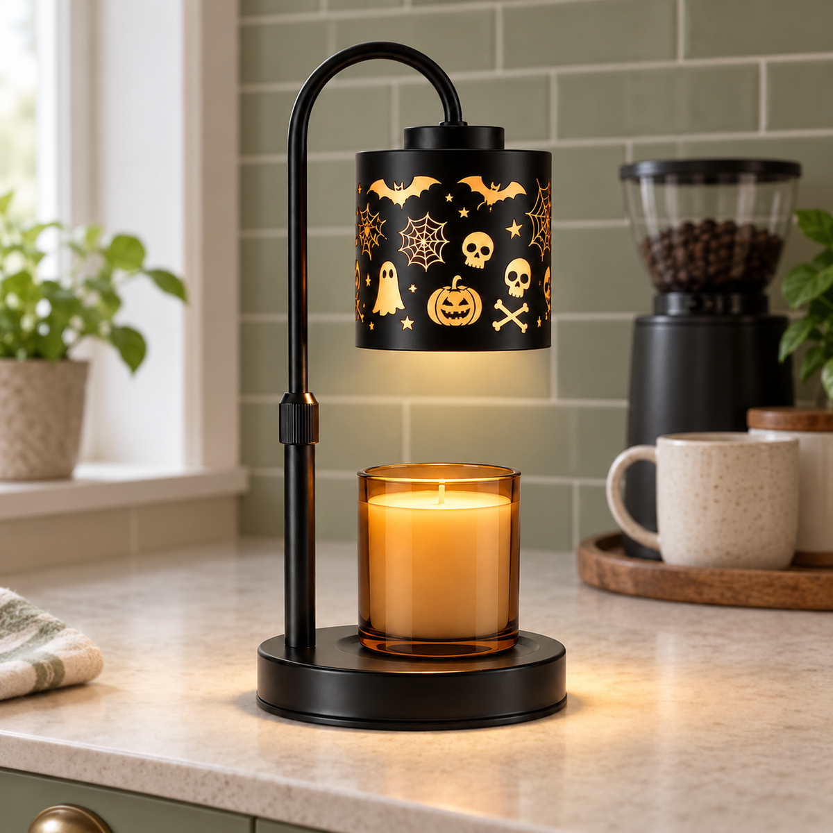 Halloween icon candle warmer lamp with amber candle on a kitchen coffee station