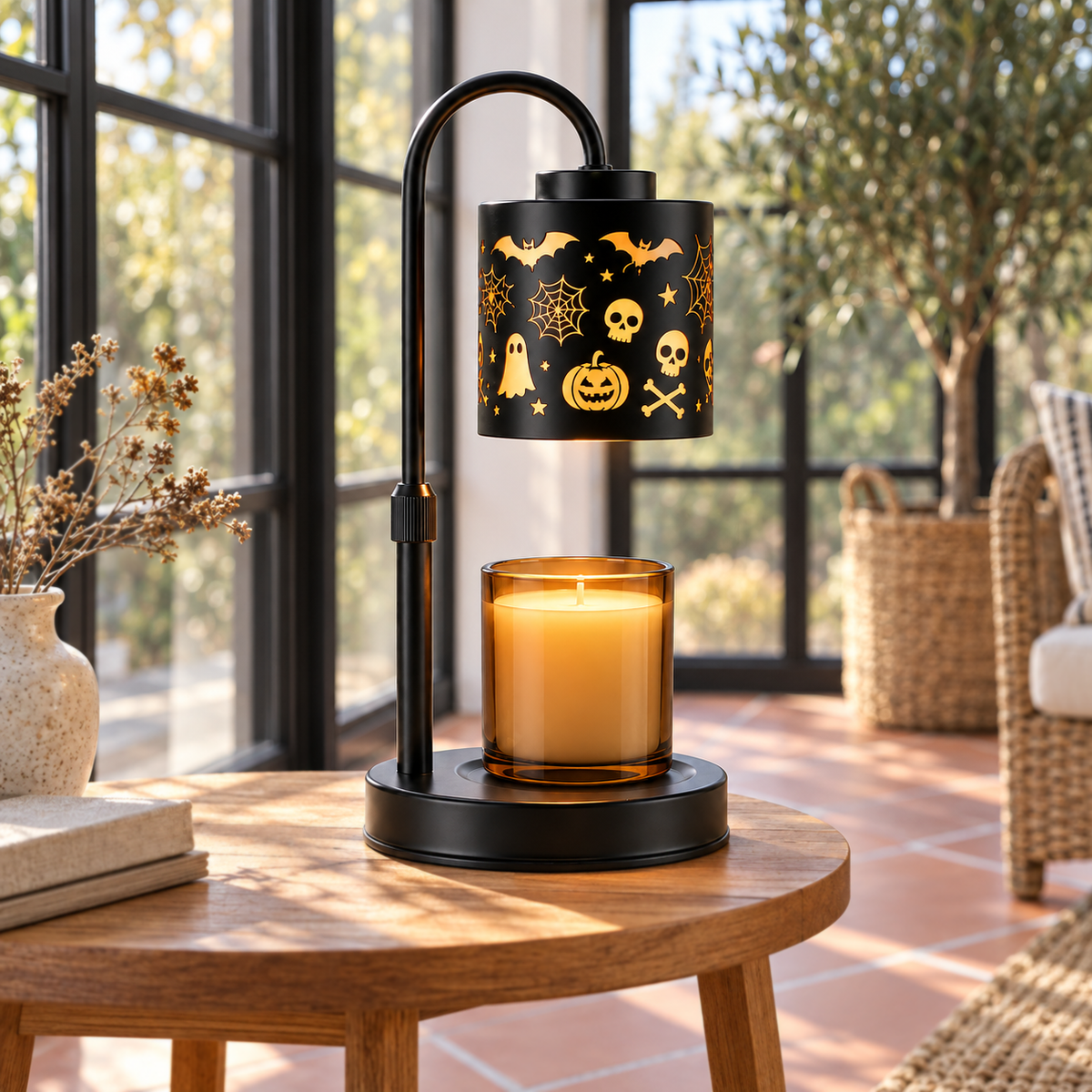 Skull candle warmer lamp with walnut base and amber jar candle in living room