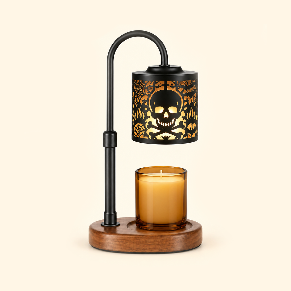 Skull and crossbones candle warmer lamp warming an unlabeled amber jar candle