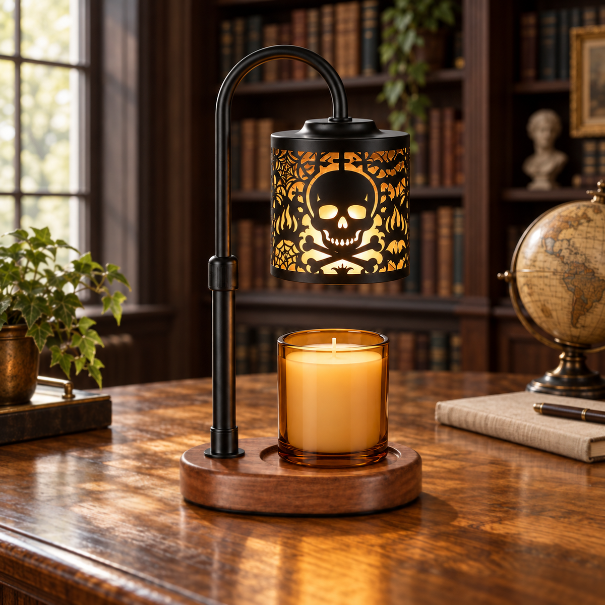 Skull and crossbones candle warmer lamp with walnut base on a home library table