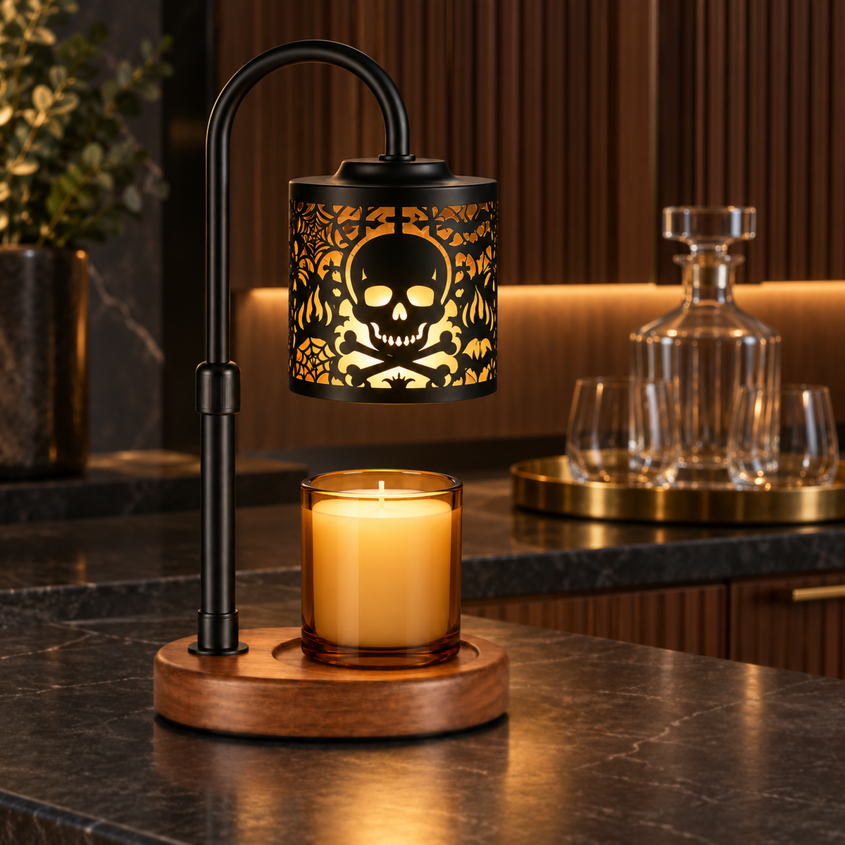 Halloween icon candle warmer lamp displayed on a round oak dining table in warm autumn light