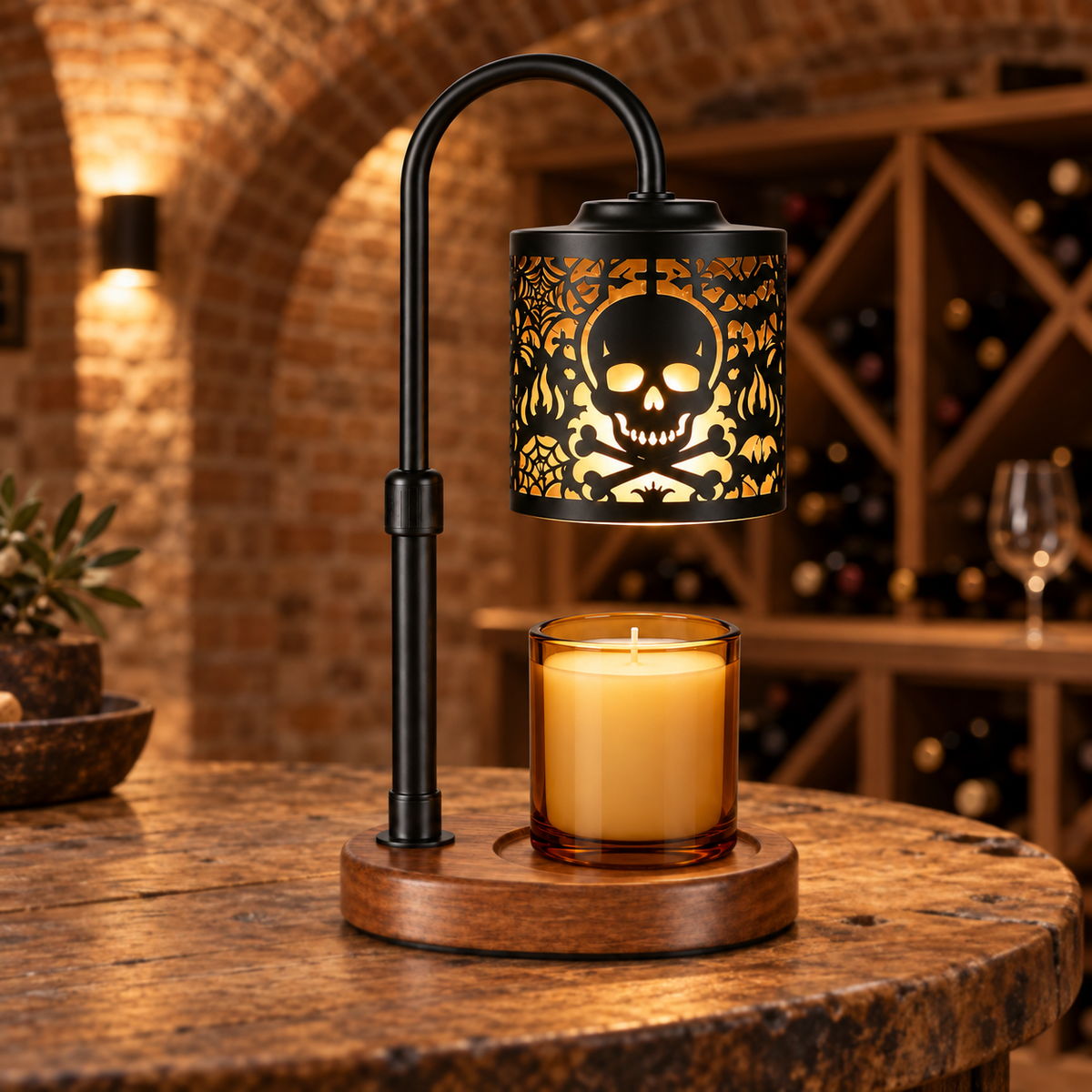 Skull candle warmer lamp with walnut base displayed on a reclaimed oak table in a wine cellar