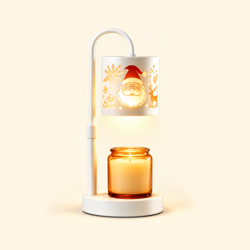White Santa candle warmer lamp with a left-side curved arm, white base and amber jar candle on a cream background.