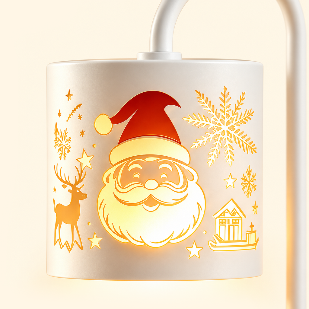 Close-up of an illuminated white lampshade featuring Santa with a red hat, a reindeer, snowflakes and a small cabin.