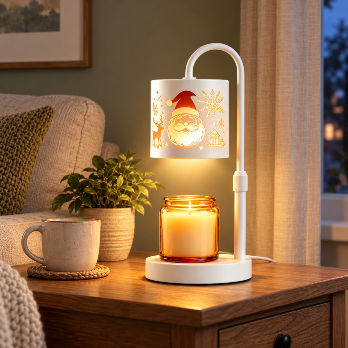 White Santa candle warmer lamp with an amber jar candle on a wooden side table beside a beige sofa and ceramic cup.