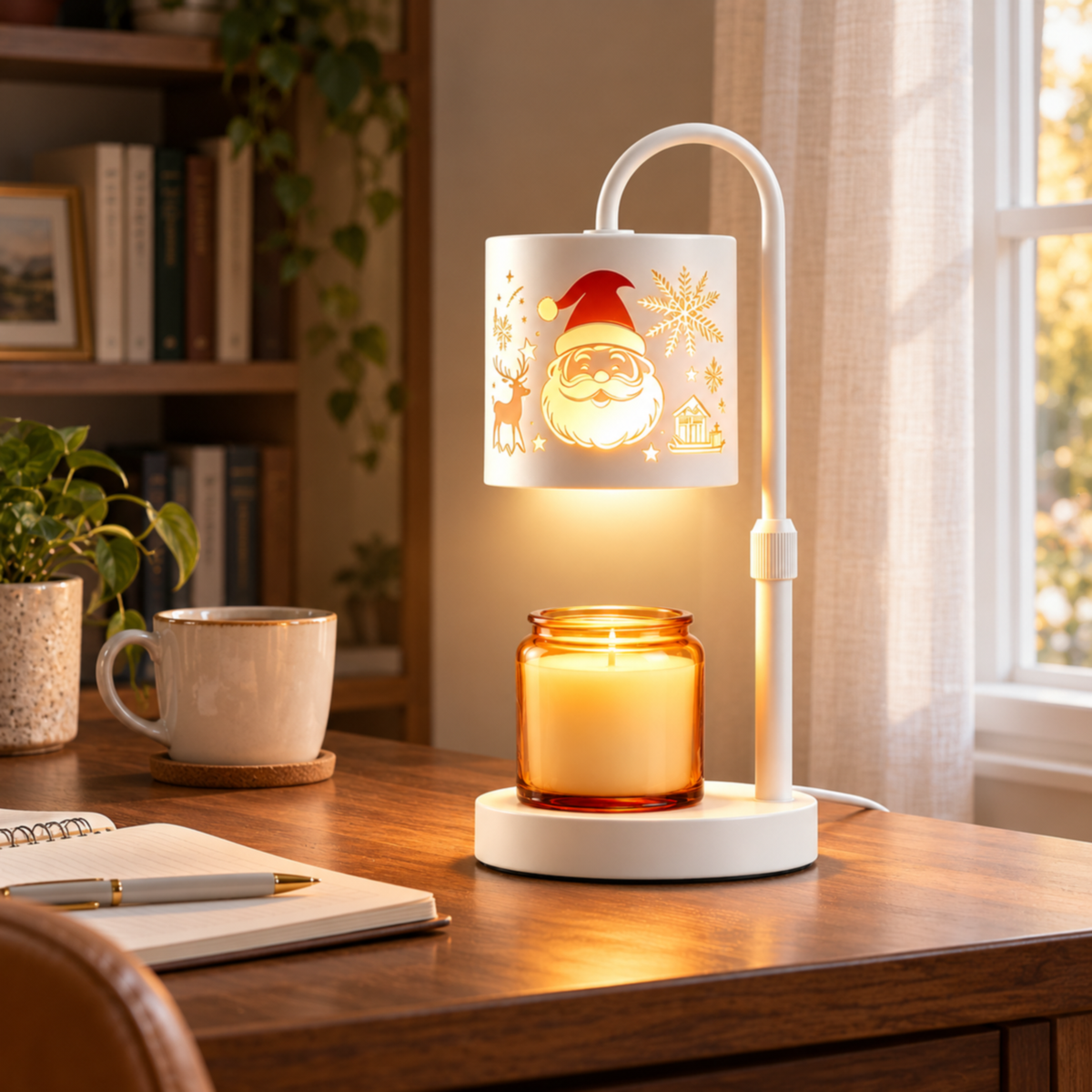 White Santa candle warmer lamp on a wooden desk by a window, with an open notebook and ceramic mug.