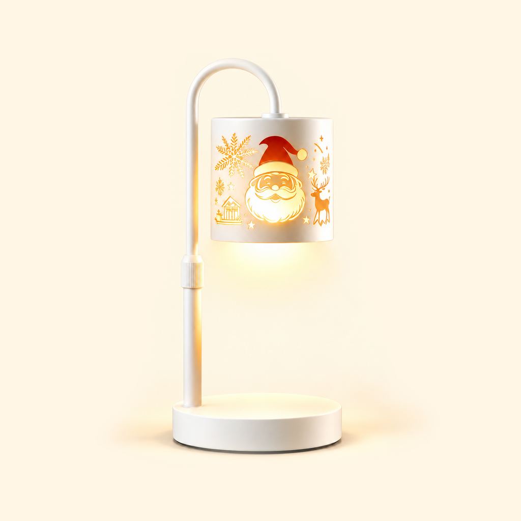 White Santa-patterned candle warmer lamp with a left-side arm and empty round base on a cream background.