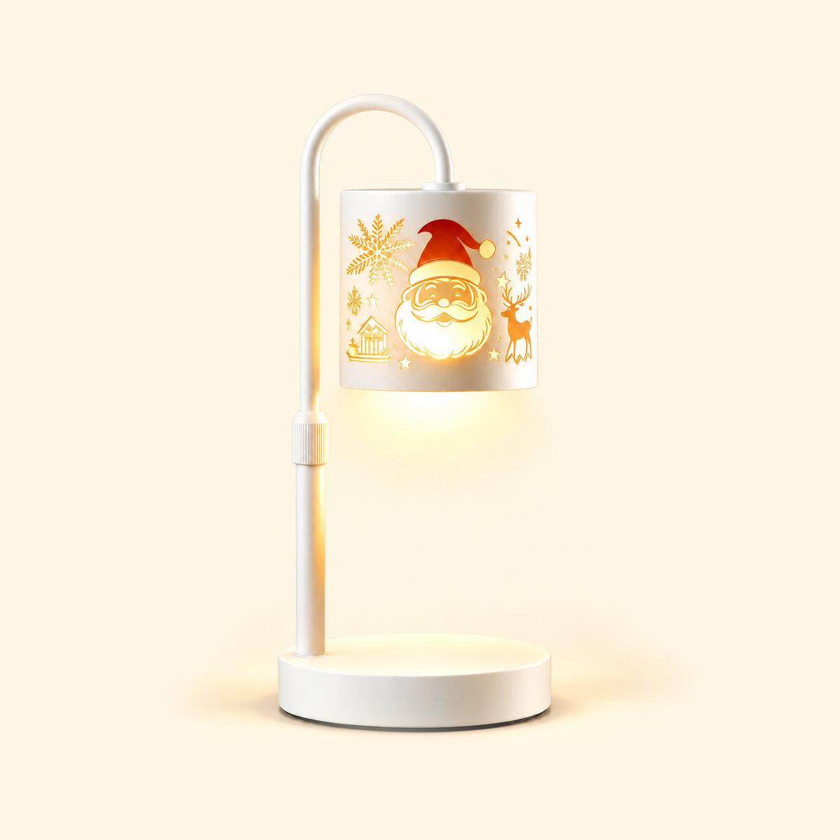 White Santa-patterned candle warmer lamp with a left-side arm and empty round base on a cream background.