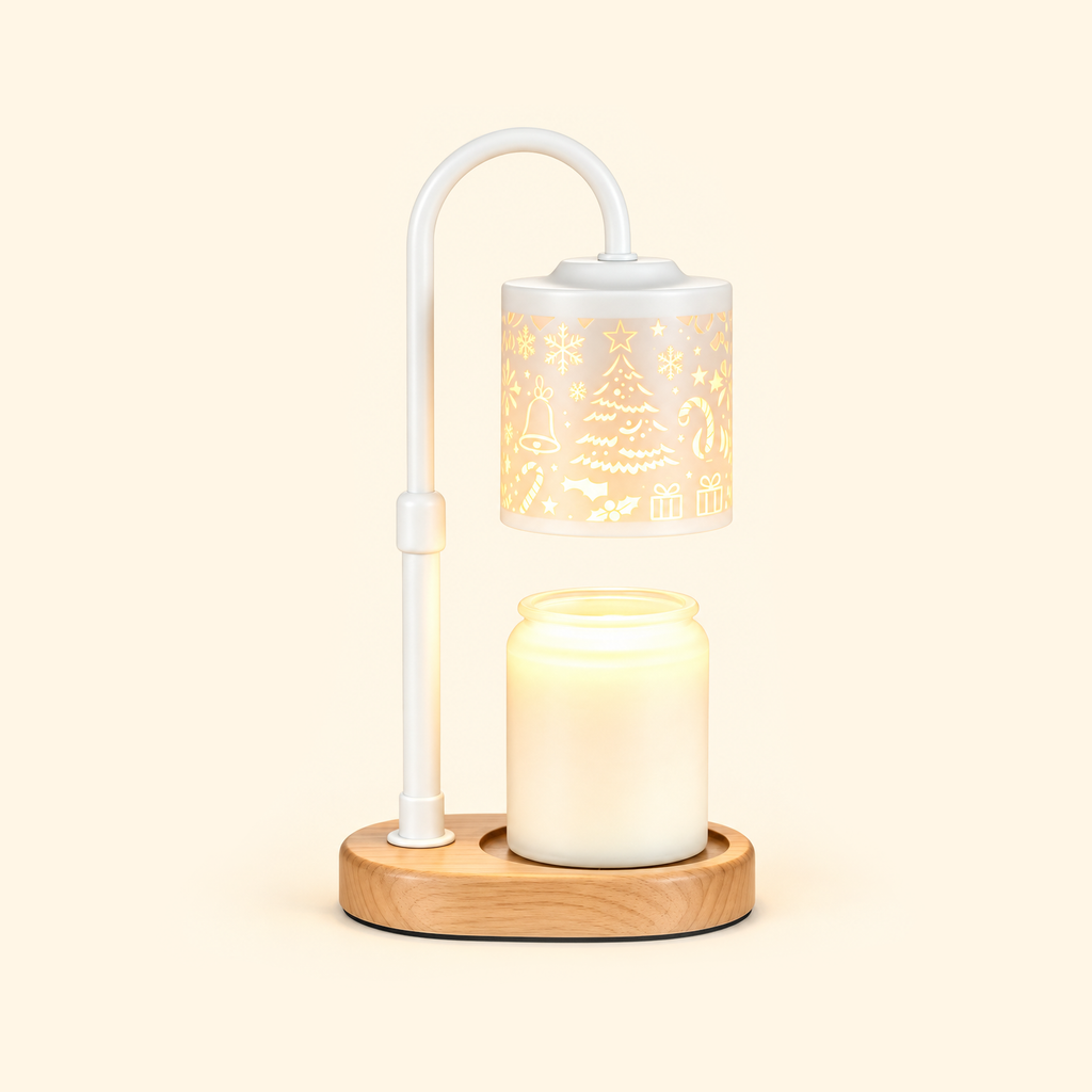 White Christmas candle warmer lamp with a wooden base and frosted jar candle on a cream background.